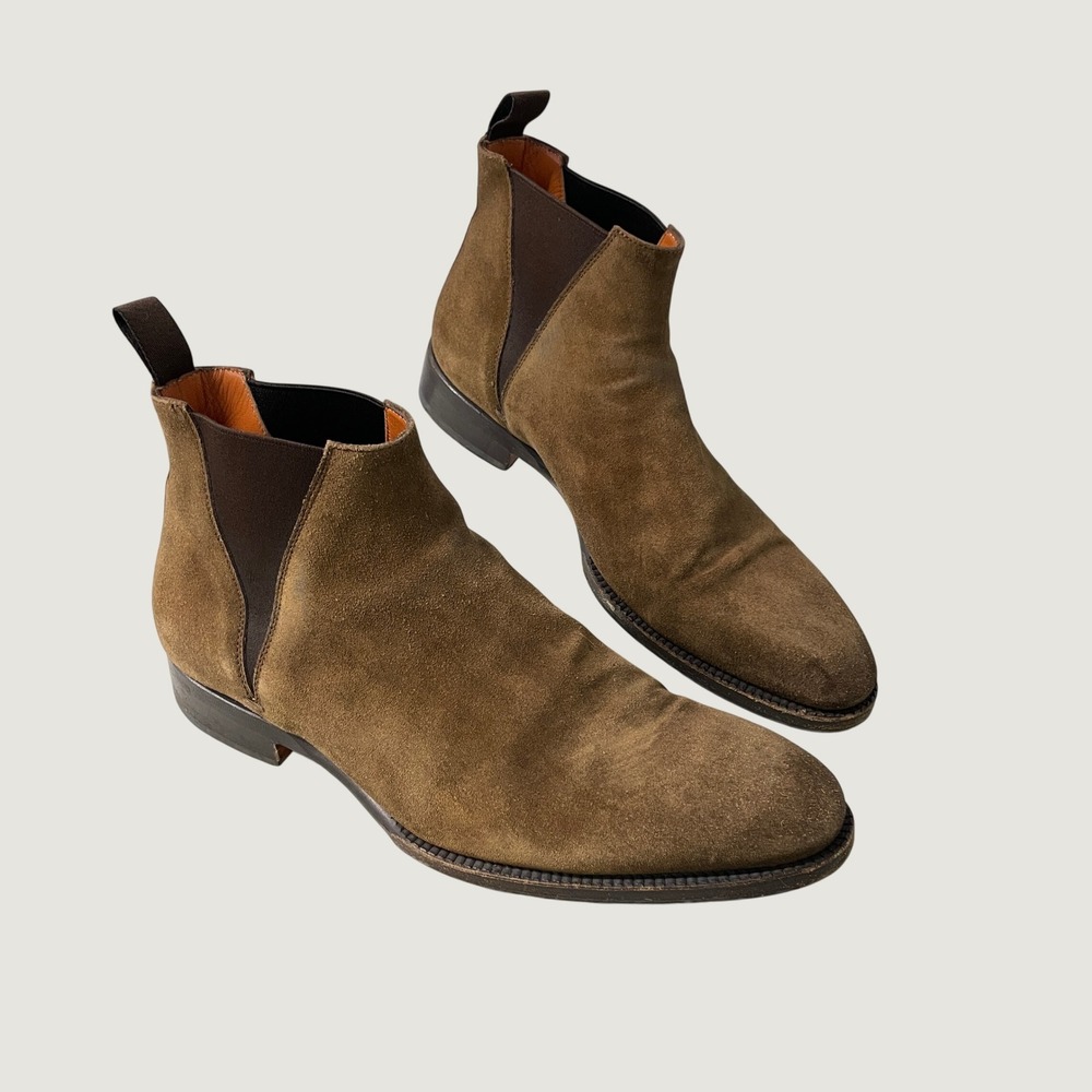 Santoni Men Brown Suede Chelsea Boots Ankle Pull On Dress Shoes Made in Italy